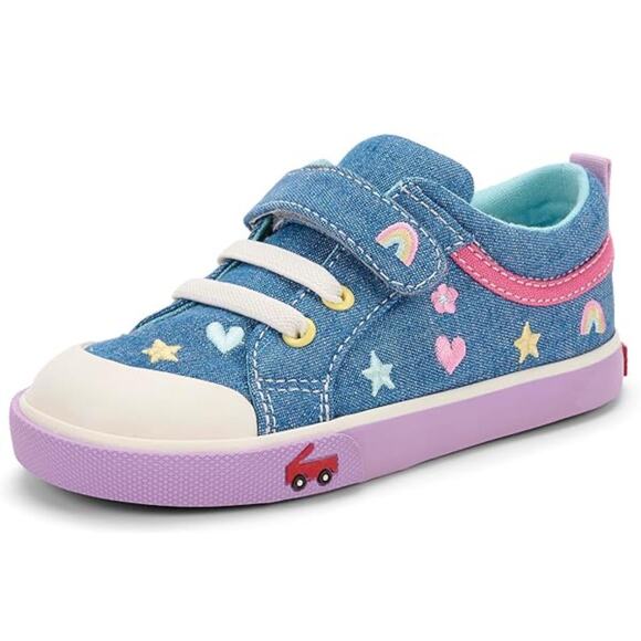 See Kai Run Kristen Sneakers 11.5 Girls Denim Embroidered Chambray Rainbow Heart - Picture 1 of 10